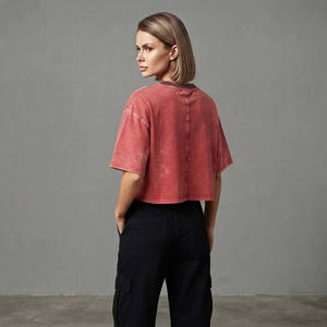 Cheap Price Women's <b>Red</b> <b>Crop</b> <b>Top</b> Short Sleeve Crew Neck Loose Fit Printed Letter Logo Casual Spring Summer 100% Cotton - Product Image 4