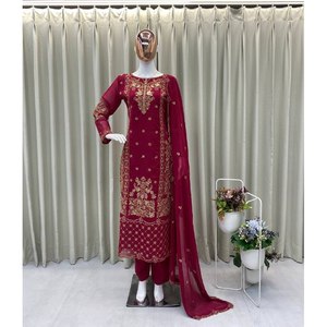 Conjunto de Chifón de Diseñador con Top, Pantalón y Dupatta, Talla XL, para un Look Festivo - Product Image 4