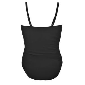 Maillot de bain une pièce brésilien pour femme avec contrôle du ventre, en tissu tissé uni, col en V, bordure en dentelle, respirant, noir - Product Image 5