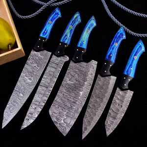 New Edition Custom Handmade Damascus Steel 5-Piece <b>Kitchen</b> Chef <b>Knife</b> Set Blue Pakkawood Handles Full Tang Straight Edge - Product Image 1