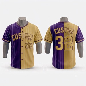 Maillot de baseball personnalisé pour homme, manches courtes, rayures violettes et dorées, sublimé, respirant, coupe classique, adulte, toutes saisons - Product Image 1