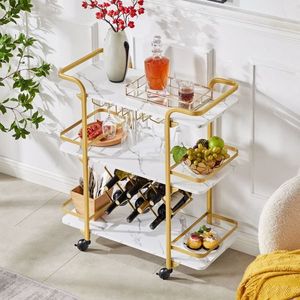 Carrello Bar a Tre Ripiani Dorato con Portabottiglie e Portabicchieri per Famiglie e Piccoli Raduni - Product Image 3