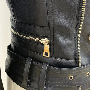 Blouson moto en cuir véritable pour femme, double boutonnage, fermeture éclair, col ouvert, manches longues, style automne - Product Image 4