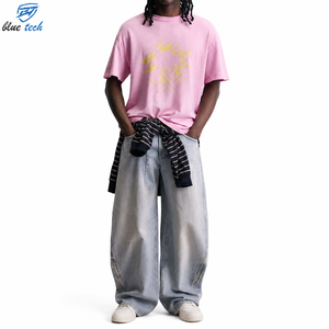 Camiseta Oversize Rosa para Hombre Blue Tech con Estampado Amarillo, Manga Corta, Cuello Redondo, Estilo Casual Urbano, 100% Algodón Jersey, Talla Grande - Product Image 1