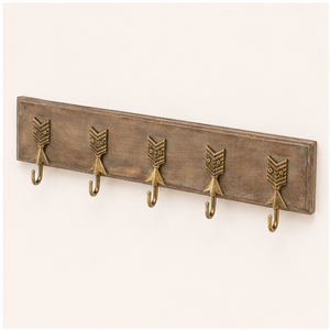 Perchero de pared decorativo vintage de latón antiguo con diseño de flecha y base de madera, organizador montado en la pared para abrigos, sombreros y llaves - Product Image 5