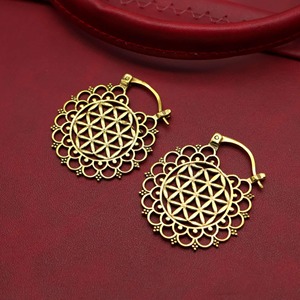 Antique Gold Plated Brass Circular Earrings With Floral Etching Design For Wedding Decoration - Product Image 6
