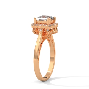 Bague de fiançailles en or rose avec halo de diamants taille coussin et ornement rond en or rose pour femme - Product Image 2