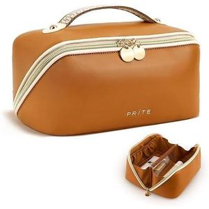Women's Waterproof Vegan Leather <b>Travel</b> Makeup <b>Bag</b> Open Flat for Toiletry Organizer with <b>Clear</b> Divider and Handle - Product Image 2