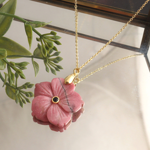Black manganese rhodonite hand carved floral pendant necklace <b>with</b> black cz bezel set stone 18k gold plated brass chain for gift - Product Image 4