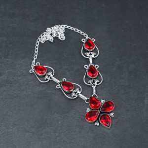 Collier en argent sterling 925 massif fait main avec pierre précieuse grenat rouge tendance pour femme, boucles d'oreilles pendantes avec estampe 925, bijoux en argent - Product Image 1