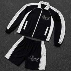 Conjunto Deportivo Elegante para Hombre con Bloques de Color, Chaqueta con Cierre y Pantalones Cortos de Secado Rápido, Poliéster y Spandex, Ropa de Primavera - Product Image 3