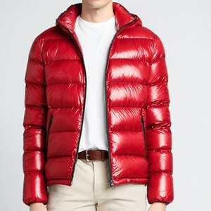 Men's <b>Red</b> Mandarin Collar Zipper Front Windproof <b>Hooded</b> Solid Color Slim Fit Winter Puffer <b>Jacket</b> Fur Trim High Street Style - Product Image 2