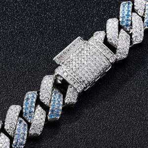 Blue Iced Out Cuban Link Silver Chain Rhodium Plated Round Brilliant Cut Moissanite Micro Insert Hip Hop Unisex Wedding <b>Bracelet</b> - Product Image 3