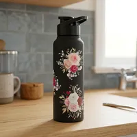 Bouteille d'eau en acier inoxydable avec motif floral, noire, réutilisable, anti-fuite, durable, en métal, pour la maison, le bureau, l'école