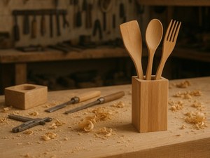 Natural Acacia Wood Spoon Holder <b>Kitchen</b> Tool Organizer - Product Image 3
