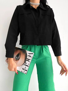 Chemisier court chic en coton pour femme, style vintage, manches longues, boutonné, simple, respirant, noir, printemps-été, décontracté - Product Image 3