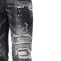 Celana Fleece Pria Gaya Unik Jahitan Mesin Bordir Distressed Custom Kancing Pinggang Anti Kusut Dewasa Panjang Cetak Depan
