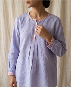 <b>Women</b> Lavender Cotton <b>Kurta</b> Round Neck Long Sleeve Loose Fit Midi Casual Ethnic Daily Wear India Pakistan Style - Product Image 3