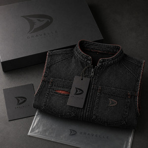 Gilet en jean sans manches à fermeture éclair, logo personnalisé, noir délavé, pour homme – Vêtement streetwear et workwear premium - Product Image 5