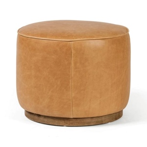 Modern Brown Velvet Fabric Small <b>Round</b> Ottoman Low Storage Accent <b>Stool</b> for Bedroom and Living Room - Product Image 1