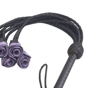 <b>Leather</b> Whip with Purple Rose Handle and Braided Grip Black Sheep Brand High Quality Multi-function for Sensory Play - Product Image 4
