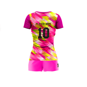 Women Sublimation Volleyball Jersey Pink Yellow Abstract Pattern <b>Short</b> Sleeve <b>Shorts</b> Sport Set OEM - Product Image 3