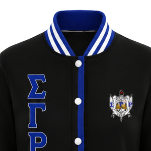 black <b>royal</b> <b>blue</b> varsity <b>jacket</b> letterman <b>jacket</b> white striped collar ribbed cuffs striped hem snap button front <b>jacket</b> - Product Image 2