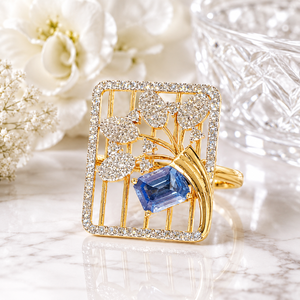 Luxury 14K <b>Gold</b> Square Floral <b>Ring</b> with Blue Stone Center and Sparkling CZ Border Jewelry for Women - Product Image 3