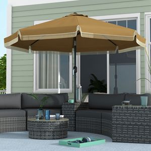 <b>Tan</b> 9FT Patio Umbrella with Push Button Tilt Crank 8 Ribs Ruffled Market Table & Tassles for Garden Deck <b>Pool</b> Radii 2.5m & 2.7m - Product Image 2