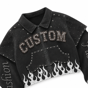 Custom Cropped Flame Graphic Studded <b>Jacket</b> Vintage Street Wear Zip Up Casual Fashion Outerwear For Unisex Wear - Product Image 3