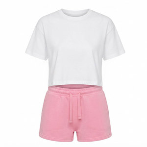 Conjunto Deportivo de Verano para Mujer, Top Corto Blanco Sólido y Pantalones Cortos de Algodón Rosa, Ropa Deportiva de 2 Piezas - Product Image 1