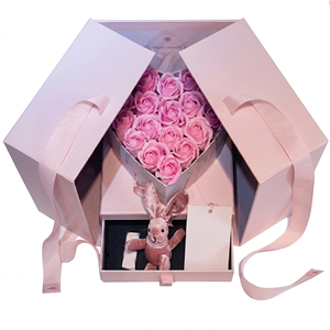 <b>Pink</b> Rigid <b>Gift</b> Box With Rose Bouquet And Plush Bunny Inside Satin Ribbon Closure High-End Craft Packaging - Product Image 4