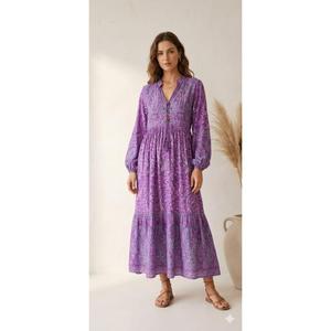 High Quality Purple Paisley Print Maxi Dress A-Line V-Neck Regular Sleeve Cotton Party <b>Dropped</b> Waist Comfortable Women's Gown - Product Image 2