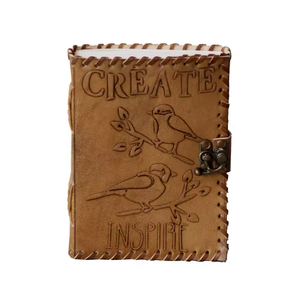 Carnet en cuir véritable fait main, design classique en relief CREATE avec oiseaux, couverture rigide cousue, carnet de croquis pour artistes, écrivains, animaux - Product Image 6