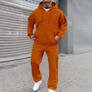 OEM Made Men's Winter Oversized Classic Full <b>Zip</b> 100% Cotton Sweatsuits 2-Piece Long Sleeve Warm Hoodies Sets Pockets - Product Image 3