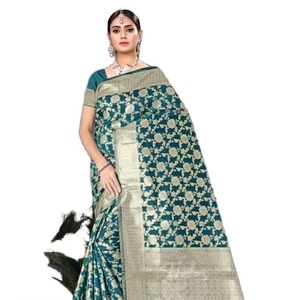 NOUVEL ARRIVAGE LINEN SLUB TISSANT TRAVAIL SAREE AVEC CHEMISIER NON COUDU VÊTEMENT FESTIF PRIX DE GROS VÊTEMENT ETHNIQUE VERT - Product Image 1