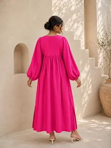 Women Fuchsia Plain Cotton Linen Maxi <b>Dress</b> With V-Neck <b>Loose</b> Fit Full Puff Sleeve Summer Casual <b>Dress</b> For Women - Product Image 4