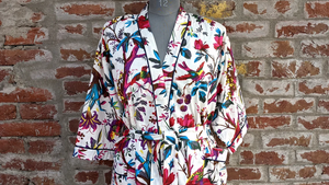 Handmade Long Cotton <b>Kimono</b> Dress with Bird Print Breathable Bath Robes and <b>Beach</b> Cover-up Drawstring Closure for All Seasons - Product Image 6