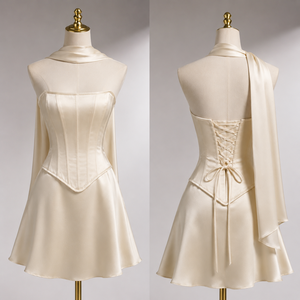 Luxury satin A-line Modern wedding gown Corset bodice wedding dress Scarf neck lace-up <b>Ankle</b>-length custom dress - Product Image 3