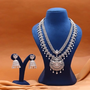 <b>Necklace</b> Set 2 Layer Bridal Jewelry 18K White Gold Plated Brass Vintage <b>Statement</b> <b>Necklace</b> South Indian Wedding & Party Earrings - Product Image 1