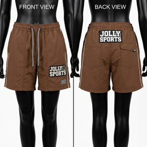 Shorts coupe-vent légers en polyester 110 GSM de qualité supérieure, couleur marron, avec bordure latérale contrastante et logo en caoutchouc, pour femmes - Product Image 6