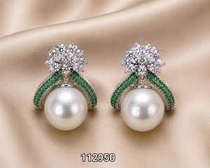 Ping BlingLuxury Pearl <b>Stud</b> <b>Earrings</b> | Green <b>Crystal</b> Floral <b>Earrings</b> | Premium Designer Pearl <b>Earrings</b> | Elegant Party Wear <b>Stud</b> - Product Image 1