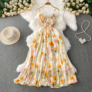 Vestido Camisero Sexy con Cuello en V Estilo Vacaciones en la Playa para Mujer, Verano, Sin Mangas, Floral, Largo, de Gasa, Tejido, Cintura Natural, Dulce - Product Image 2