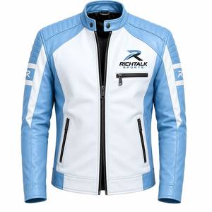 Men's Winter Leather Motorcycle <b>Jacket</b> <b>White</b> Blue Color Blocking Stand Collar Zipper Closure Front Logo Moto <b>Biker</b> Style - Product Image 1