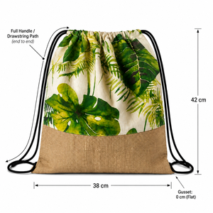 Sac à cordon en coton naturel et jute 140 GSM 38x42 cm, impression CMYK tropicale, logo personnalisé, promotionnel, vente en gros, marque privée, en vrac - Product Image 4