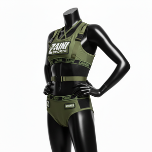 Ensemble de bikini tactique pour femme en nylon et élasthanne, tissu compressif, vert olive, avec panneaux à bretelles, logo patch et ceinture pour ensemble de bikini - Product Image 4