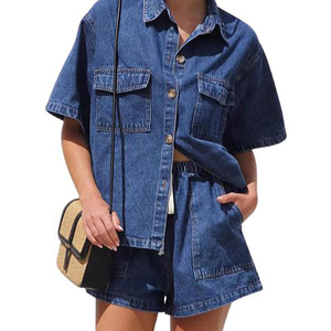 Set <span class=keywords><strong>di</strong></span> Alta Qualità: <span class=keywords><strong>Camicia</strong></span> in Denim a Due Pezzi con Chiusura a Bottoni e Spalle Scivolate, Pantaloncini con Cordoncino in Vita, Completo <span class=keywords><strong>Jeans</strong></span> da Donna - Product Image 6