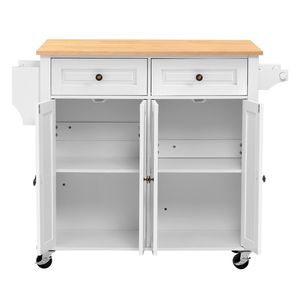 Îlot de cuisine en bois massif avec rangement, chariot mobile de 43,58 pouces de large avec roulettes pivotantes, 2 tiroirs et armoire de rangement - Product Image 1
