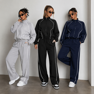 Custom Women's Satin Embroidery Solid Tracksuit <b>Set</b> Full Zip Jacket Wide Leg Pants Activewear Gym Autumn Summer OEM ODM - Product Image 6