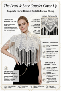 Women Pearl Beaded Bridal Cape Lace Fringe Shoulder Cover Wedding Party Evening Fashion Poncho <b>Overlay</b> Wrap <b>Top</b> - Product Image 6